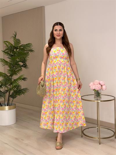 Çiçekli Sırtı Bağlama Detaylı Keten Elbise