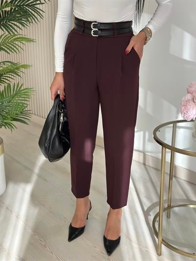 Kemerli Yüksek Bel Atlas Kumaş Pantolon Mürdüm