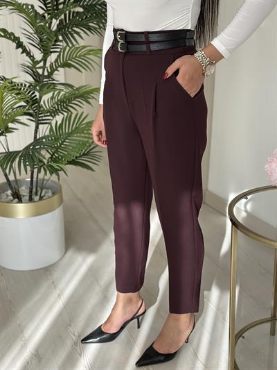 Kemerli Yüksek Bel Atlas Kumaş Pantolon Mürdüm