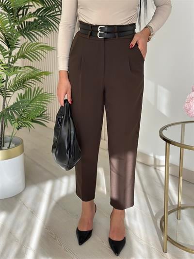 Kemerli Yüksek Bel Atlas Kumaş Pantolon Kahve