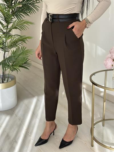 Kemerli Yüksek Bel Atlas Kumaş Pantolon Kahve
