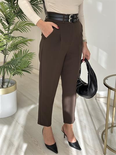 Kemerli Yüksek Bel Atlas Kumaş Pantolon Kahve