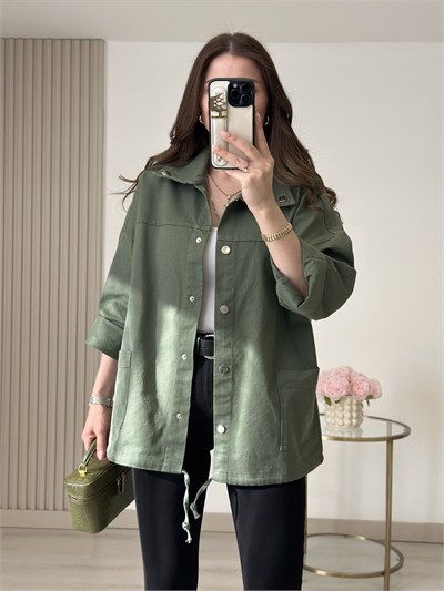 Çıtçıtlı Oversıze Gabardin Ceket Haki Yeşil