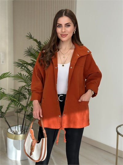 Çıtçıtlı Oversıze Gabardin Ceket Kiremit