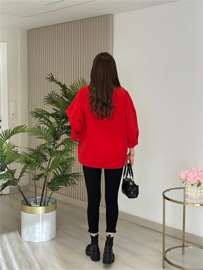 Çıtçıtlı Oversıze Gabardin Ceket Kırmızı