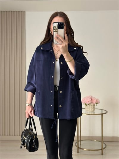 Çıtçıtlı Oversıze Gabardin Ceket Lacivert