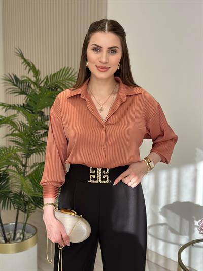 Çizgi Dokulu Pamuk Saten Premium Seri Gömlek Kiremit
