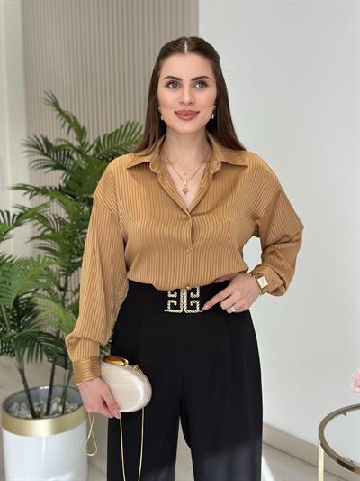 Çizgi Dokulu Pamuk Saten Premium Seri Gömlek Hardal