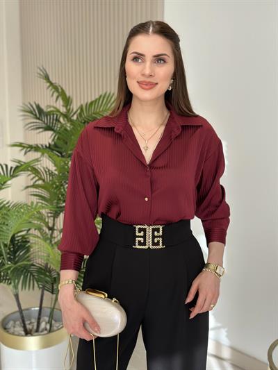 Çizgi Dokulu Pamuk Saten Premium Seri Gömlek Bordo
