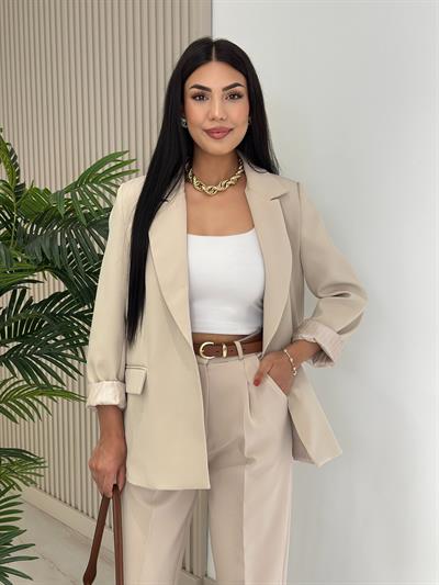 Çizgili Astarlı Blazer Ceket Bej