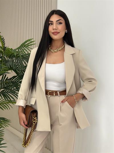 Çizgili Astarlı Blazer Ceket Bej