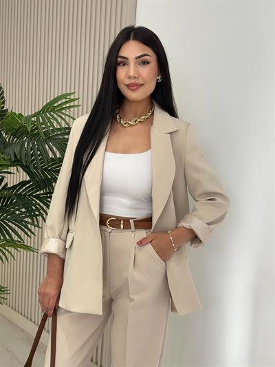 Çizgili Astarlı Blazer Ceket Bej