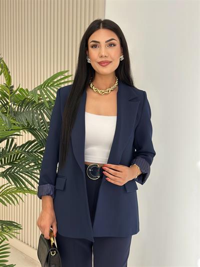 Çizgili Astarlı Blazer Ceket Lacivert