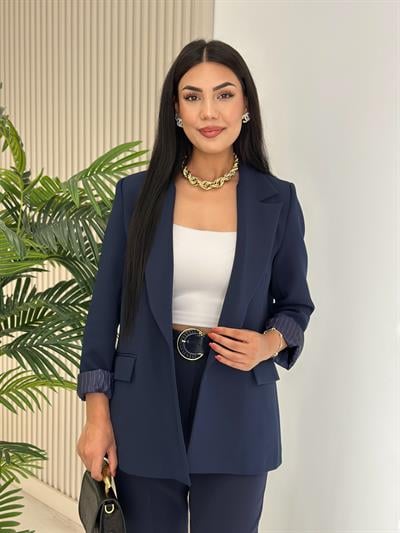Çizgili Astarlı Blazer Ceket Lacivert