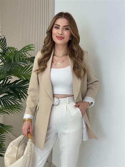 Çizgili Astarlı Ceket Bej