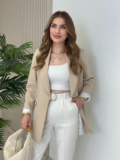 Çizgili Astarlı Ceket Bej