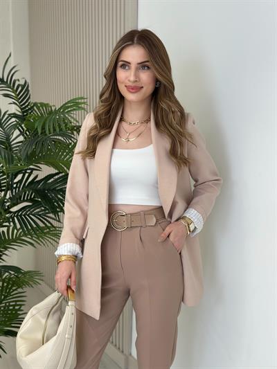 Çizgili Astarlı Ceket Krem