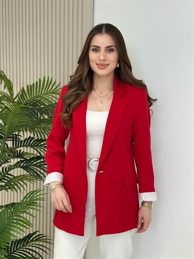 Çizgili Astarlı Tek Gold Düğmeli Blazer Ceket Kırmızı
