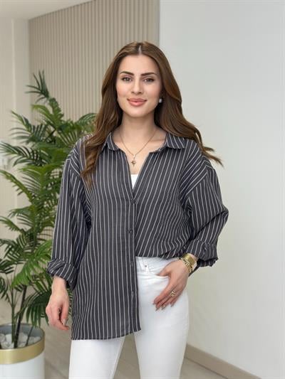 Çizgili Bambu Oversıze Gömlek Antrasit