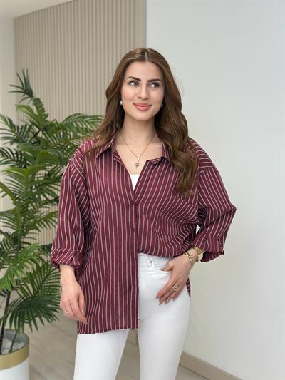 Çizgili Bambu Oversıze Gömlek Bordo