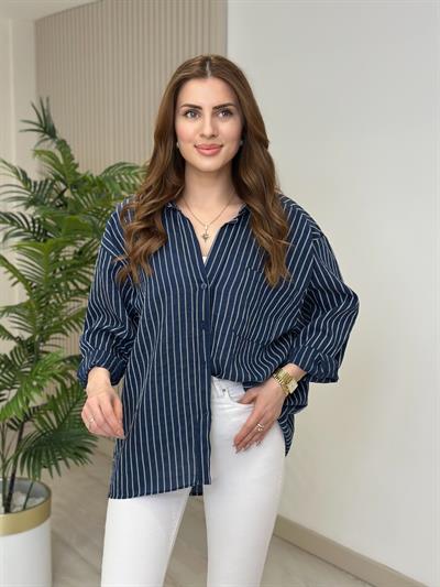 Çizgili Bambu Oversıze Gömlek Lacivert