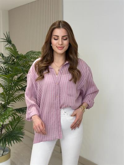 Çizgili Bambu Oversıze Gömlek Pembe