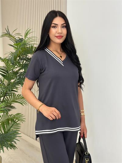 Çizgili Biyeli Modal Kumaş Takım Antrasit