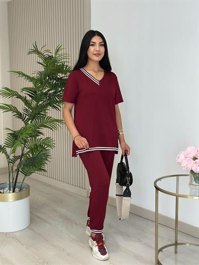 Çizgili Biyeli Modal Kumaş Takım Bordo