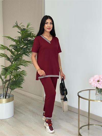 Çizgili Biyeli Modal Kumaş Takım Bordo