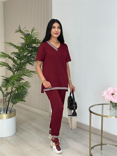 Çizgili Biyeli Modal Kumaş Takım Bordo