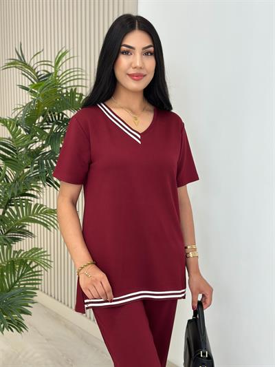 Çizgili Biyeli Modal Kumaş Takım Bordo