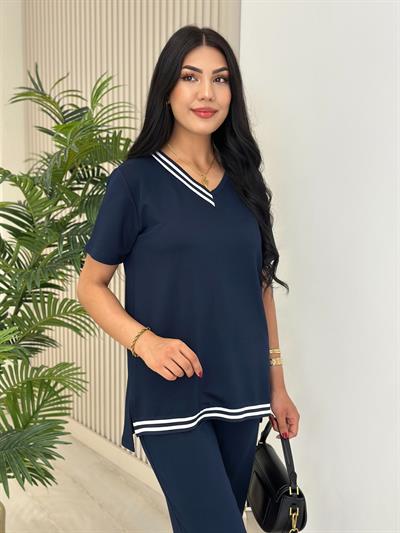 Çizgili Biyeli Modal Kumaş Takım Lacivert