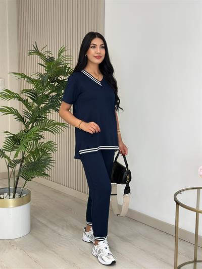 Çizgili Biyeli Modal Kumaş Takım Lacivert