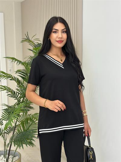 Çizgili Biyeli Modal Kumaş Takım Siyah