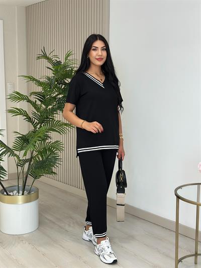 Çizgili Biyeli Modal Kumaş Takım Siyah