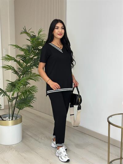 Çizgili Biyeli Modal Kumaş Takım Siyah