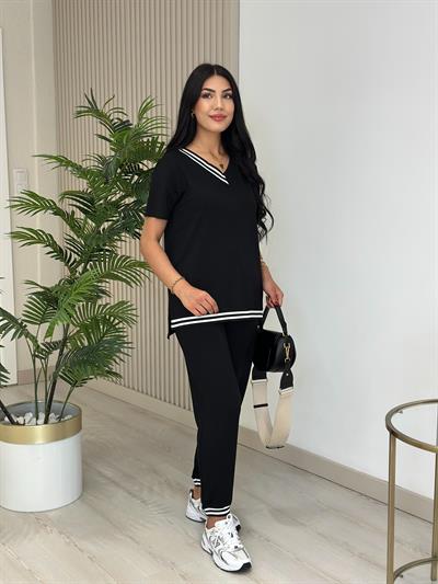Çizgili Biyeli Modal Kumaş Takım Siyah