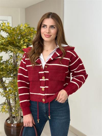 Çizgili Gold Çıtçıt Detaylı Kapşonlu Angora Hırka Bordo