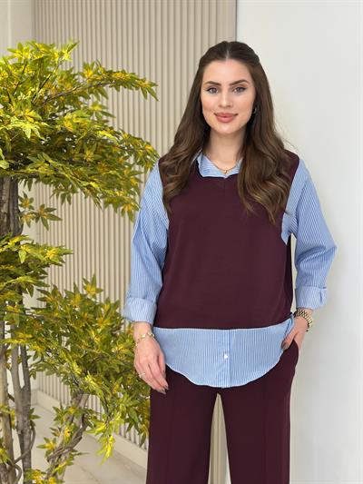 Çizgili Gömlek Detaylı Modal Kumaş Takım Bordo