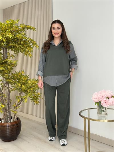 Çizgili Gömlek Detaylı Modal Kumaş Takım Haki