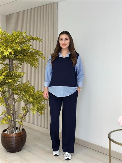 Çizgili Gömlek Detaylı Modal Kumaş Takım Lacivert