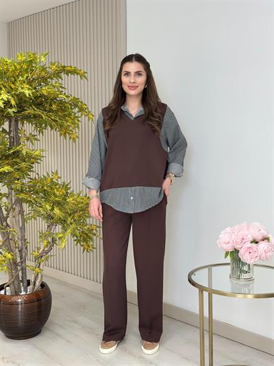 Çizgili Gömlek Detaylı Modal Kumaş Takım Kahve