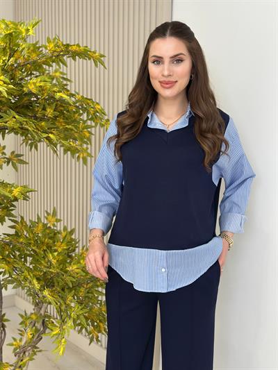 Çizgili Gömlek Detaylı Modal Kumaş Takım Lacivert