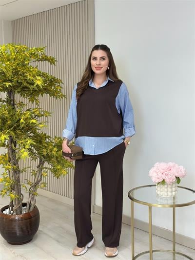 Çizgili Gömlek Detaylı Modal Kumaş Takım Acı Kahve