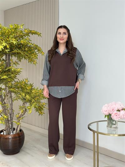 Çizgili Gömlek Detaylı Modal Kumaş Takım Kahve