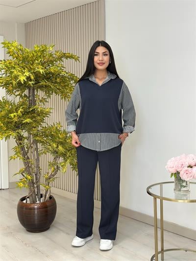 Çizgili Gömlek Detaylı Modal Kumaş Takım Antrasit