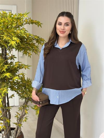 Çizgili Gömlek Detaylı Modal Kumaş Takım Acı Kahve