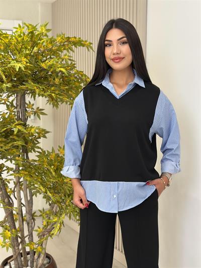Çizgili Gömlek Detaylı Modal Kumaş Takım Siyah 