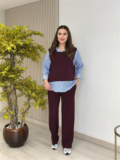 Çizgili Gömlek Detaylı Modal Kumaş Takım Bordo