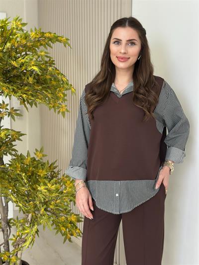 Çizgili Gömlek Detaylı Modal Kumaş Takım Kahve